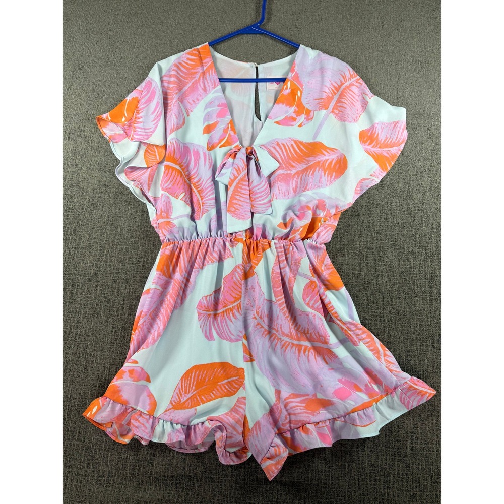 Buddy Love Womens Tropical Leaf Print Tie Front Ruffle Romper Pink Orange Small